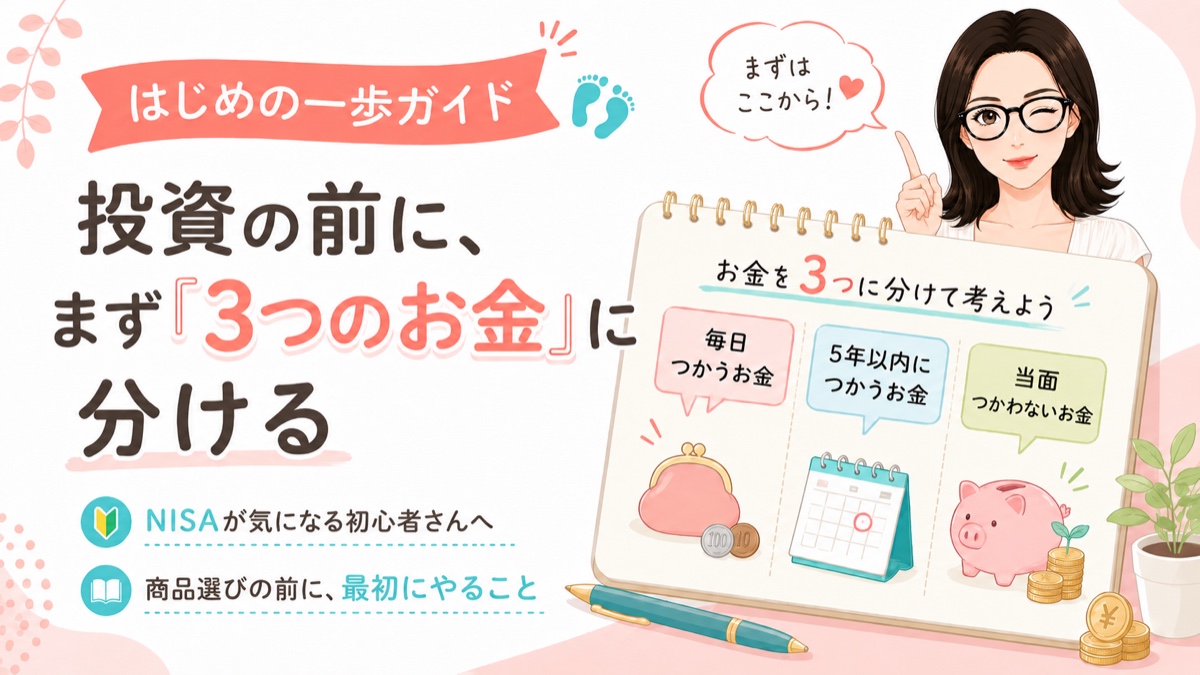 投資の前に、まず「3つのお金」に分ける。毎日つかうお金・5年以内につかうお金・当面つかわないお金